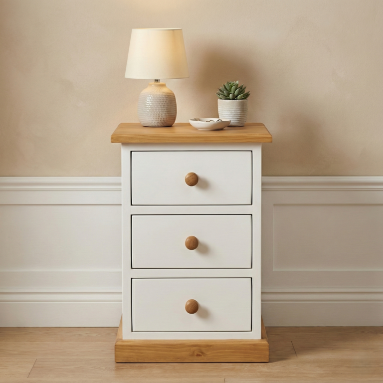 Szafka nocna retro z litego drewna – trzy szuflady, wykończenie biały